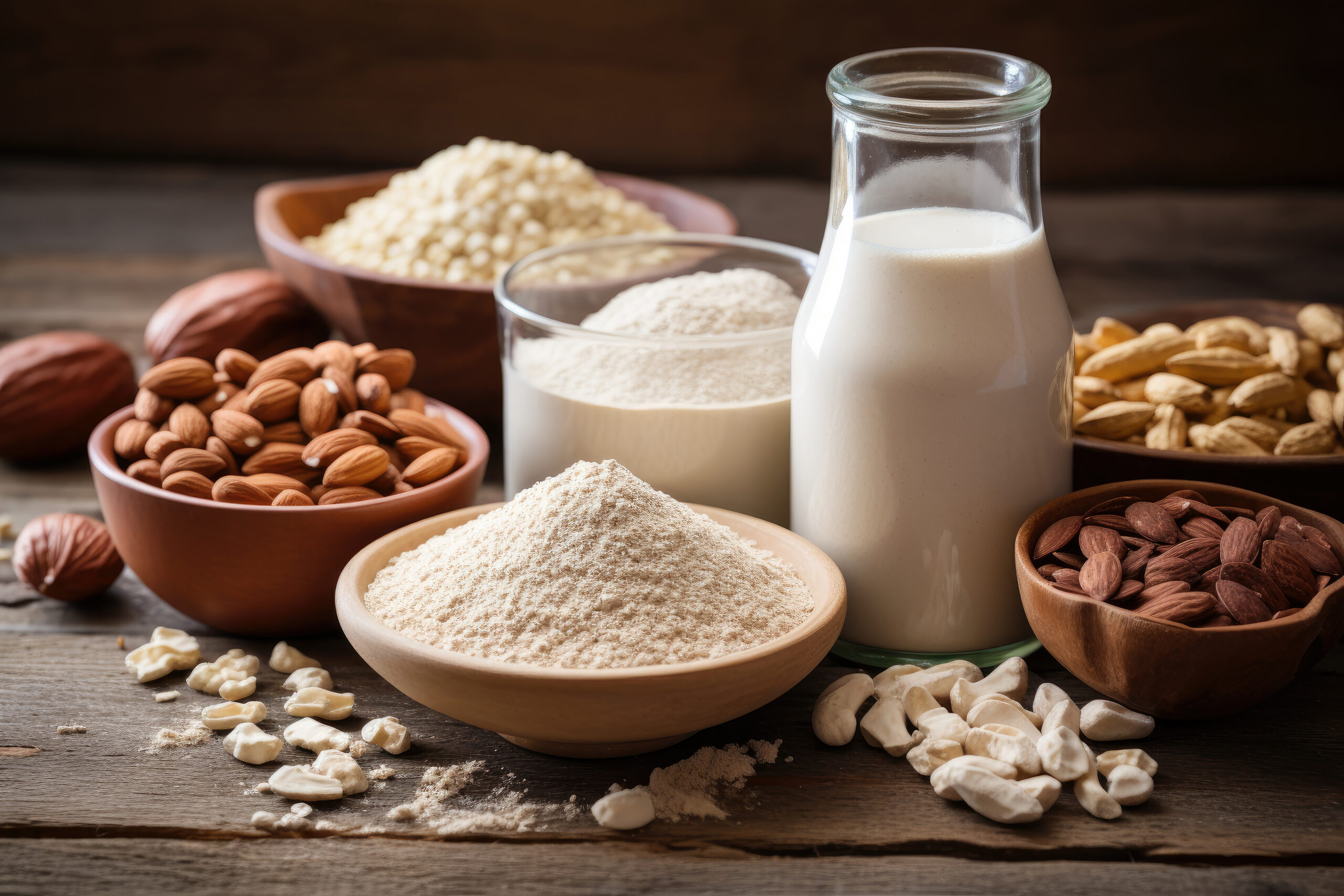 Image with plant-based protein powder, oats, and nuts in bowls with a glass of plant-based beverage.