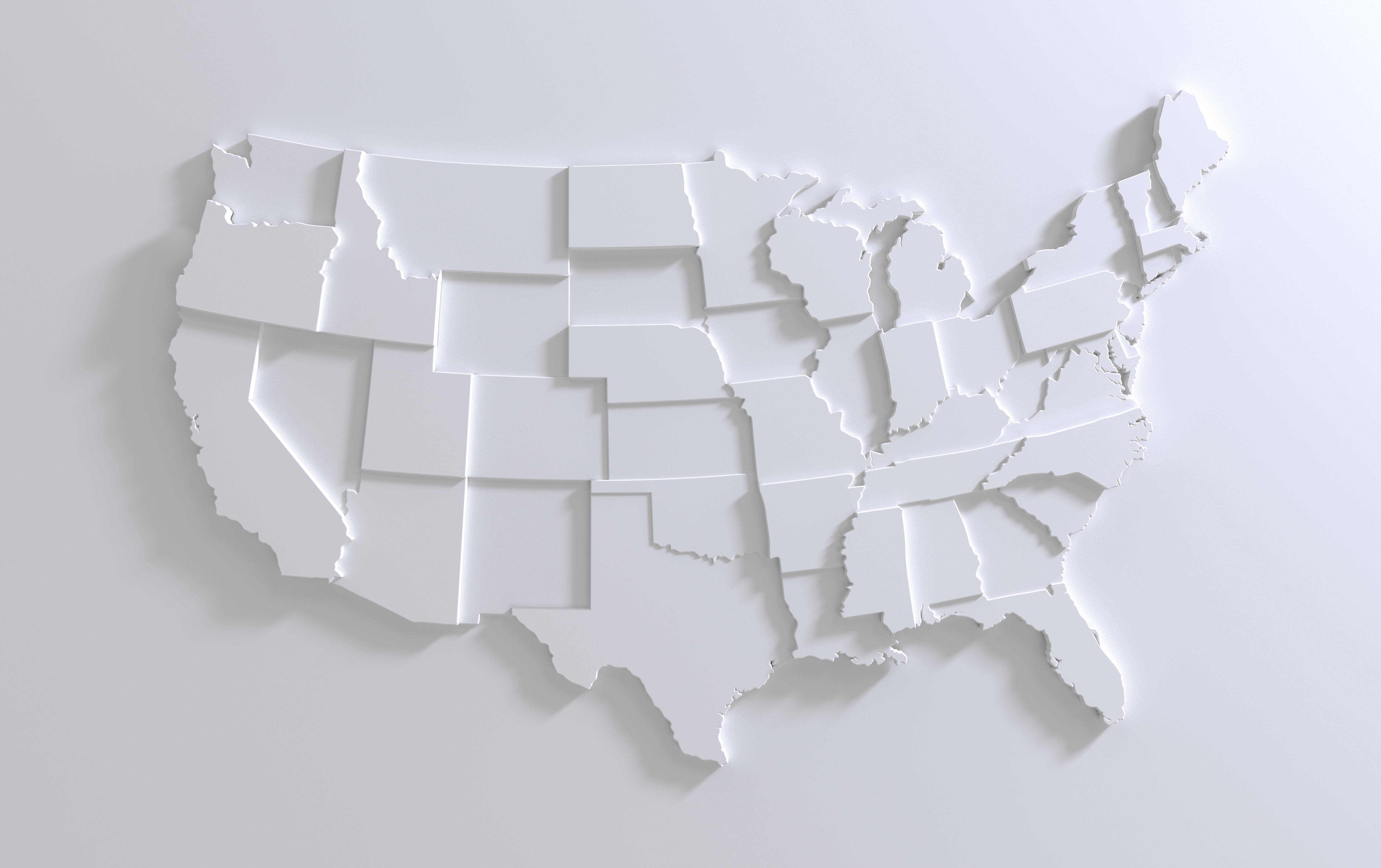 United States Of America map on white background. Tiered 3d rendering of states.
